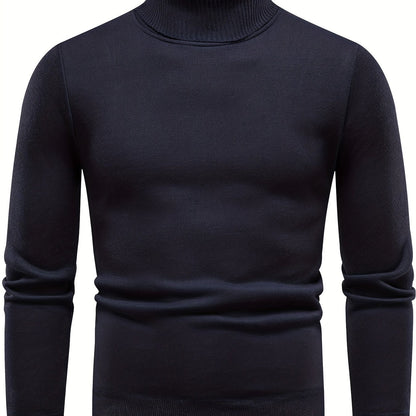 gbolsos  Turtle Neck Knitted Sweater, Men's Casual Warm Solid Color Mid Stretch Pullover Sweater For Fall Winter