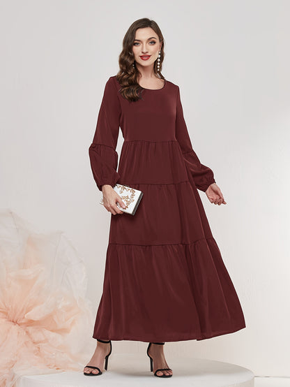 Ruched Lantern Sleeve Dress, Casual Crew Neck Solid Maxi Dress, Women's Clothing