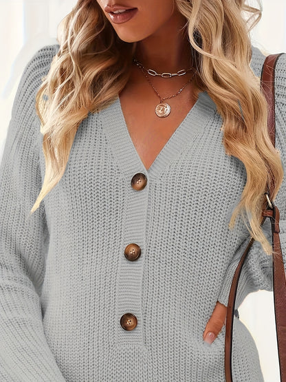 Button Front Sweater Dress, Casual V Neck Long Sleeve Midi Dress, Women's Clothing