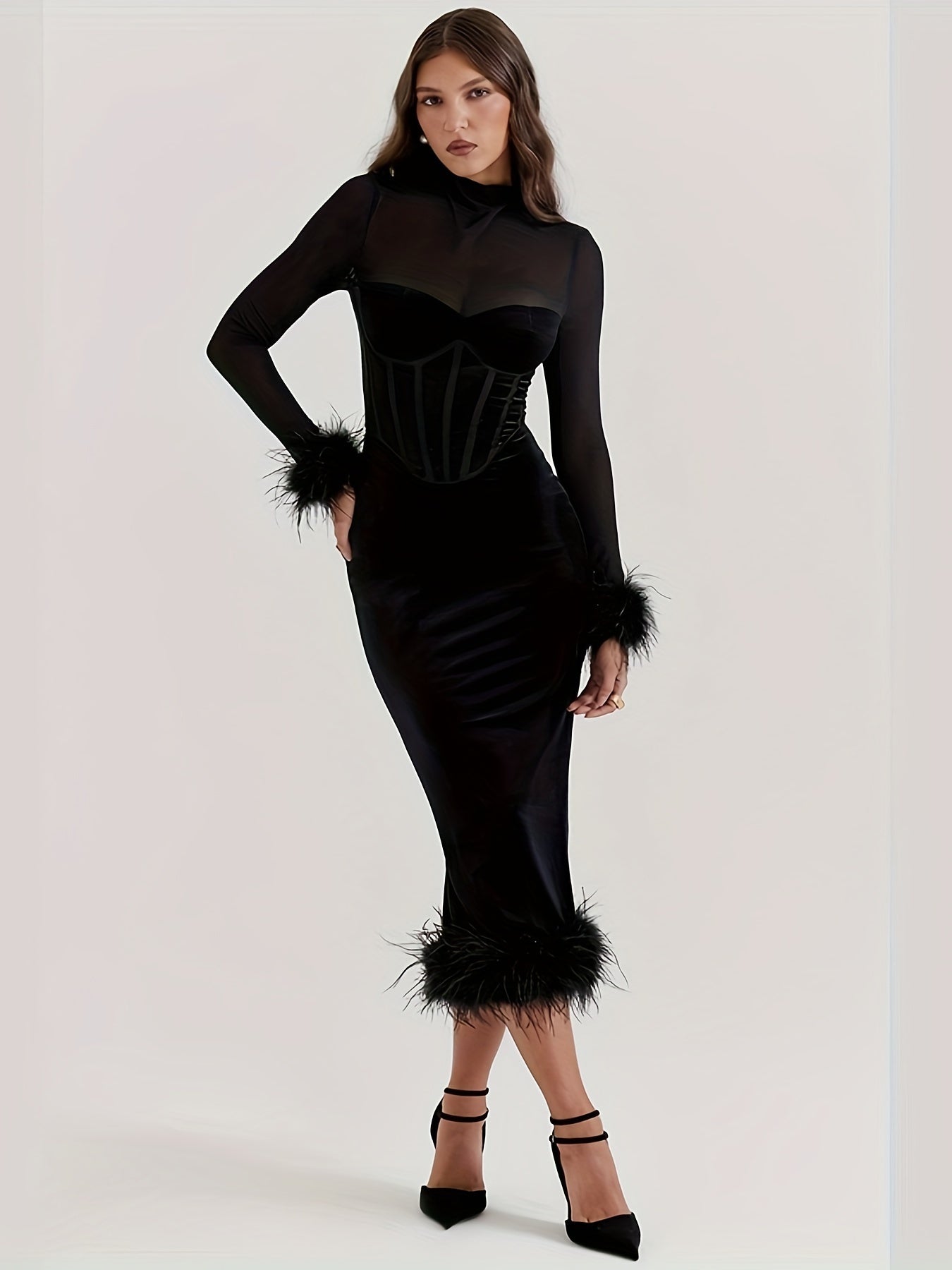 gbolsos  Faux Fur Trim Corset Fit Dress, Stylish Bustier Semi-sheer Mock Neck Long Sleeve Dress, Women's Clothing