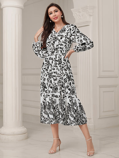 gbolsos  Floral & Leaves Print V-neck Dress, Elegant Elastic Waist Long Sleeve Dress For Spring & Fall, Women's Clothing