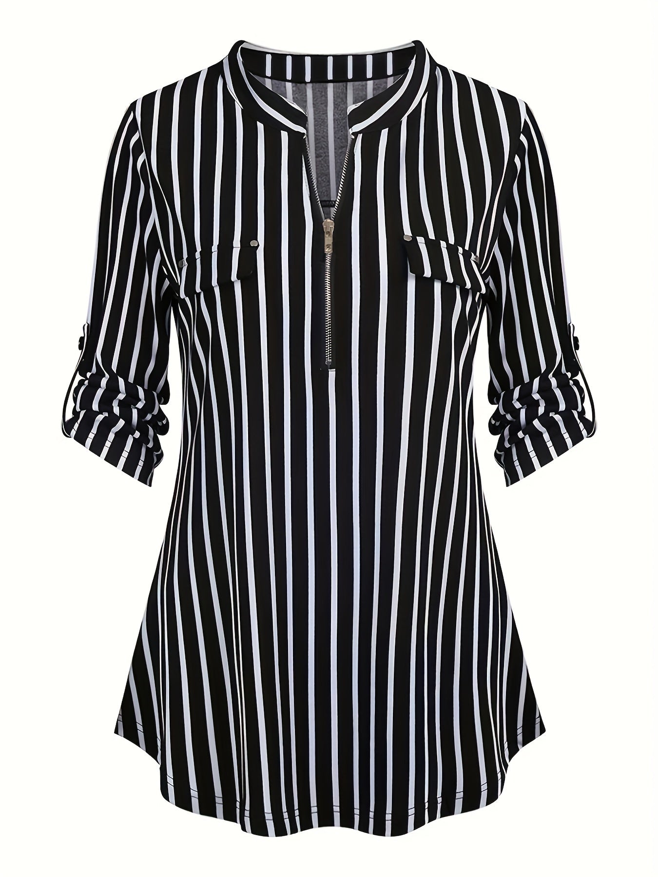 Striped Zipper Blouse, Casual 3/4 Sleeve Stand Collar Blouse, Women's Clothing