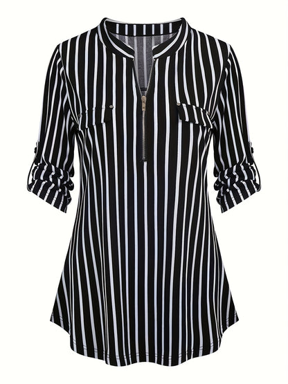 Striped Zipper Blouse, Casual 3/4 Sleeve Stand Collar Blouse, Women's Clothing