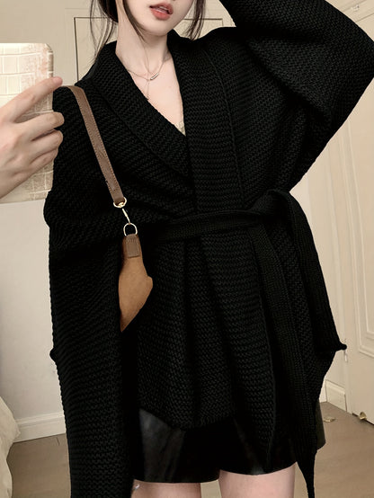 gbolsos  Solid Open Front Belted Knit Cardigan, Vintage Long Sleeve Thick Sweater Coat, Women's Clothing