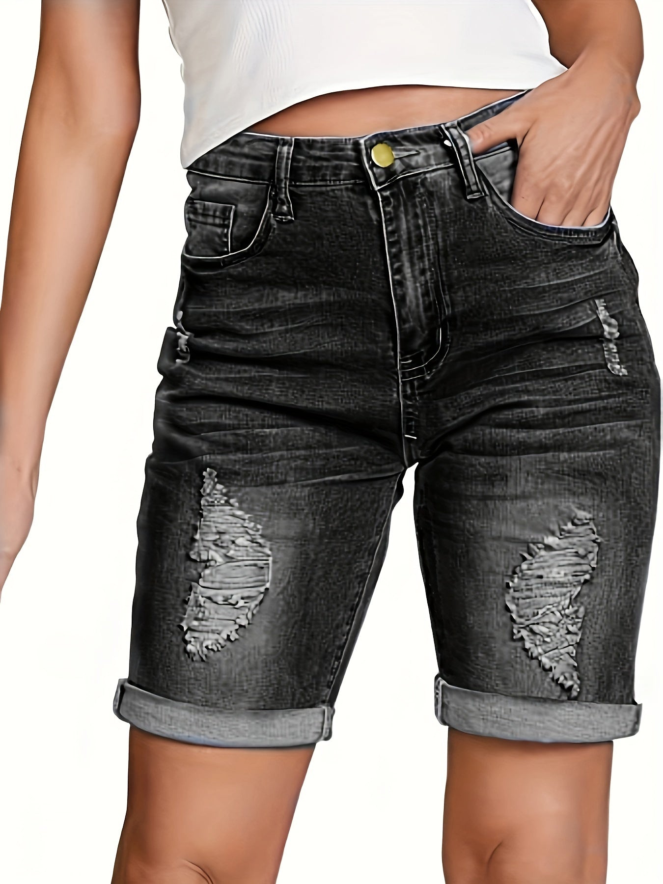 2025 gbolsos  Slim Fit Rolled Hem Bermuda Denim Shorts, Slash Pockets Ripped Mid Waist Denim Jorts, Women's Denim Jeans & Clothing