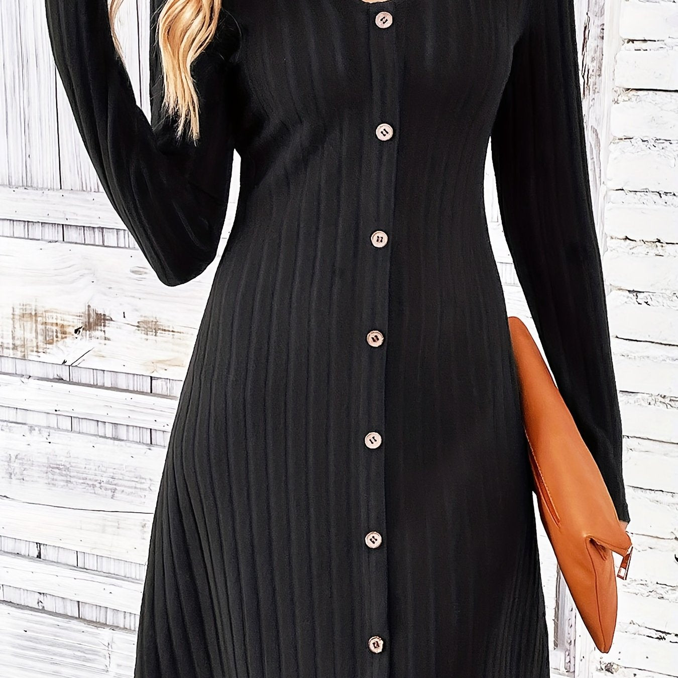 gbolsos  Solid Ribbed Dress, Casual Button Front V Neck Long Sleeve Dress, Women's Clothing