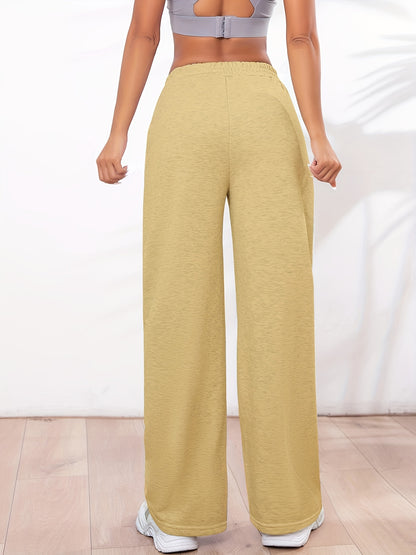 Solid Straight Leg Pants, Casual Asymmetrical Elastic Waist Pants For Spring & Fall, Women's Clothing