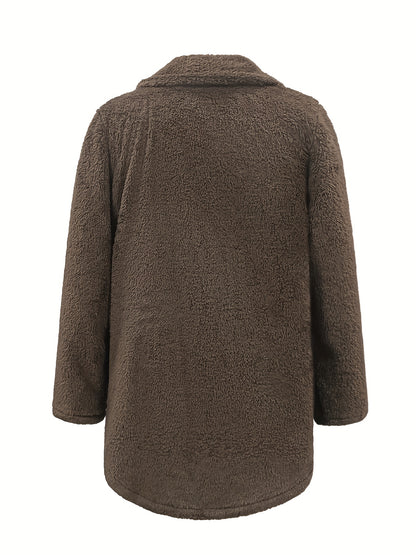 Plus Size Casual Coat, Women's Plus Solid Teddy Fleece Long Sleeve Lapel Collar Medium Stretch Overcoat