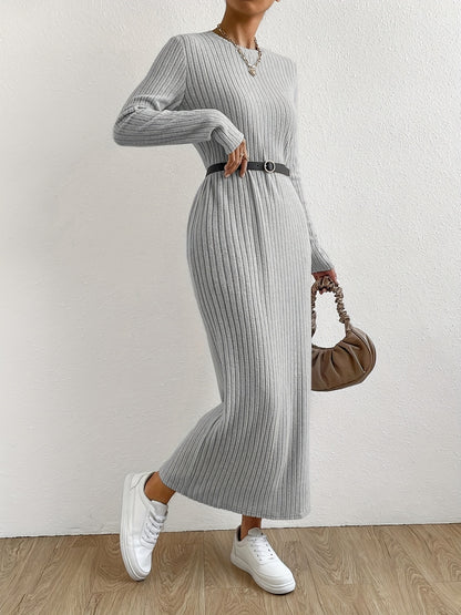 gbolsos  Solid Ribbed Dress, Elegant Crew Neck Long Sleeve Maxi Dress, Women's Clothing
