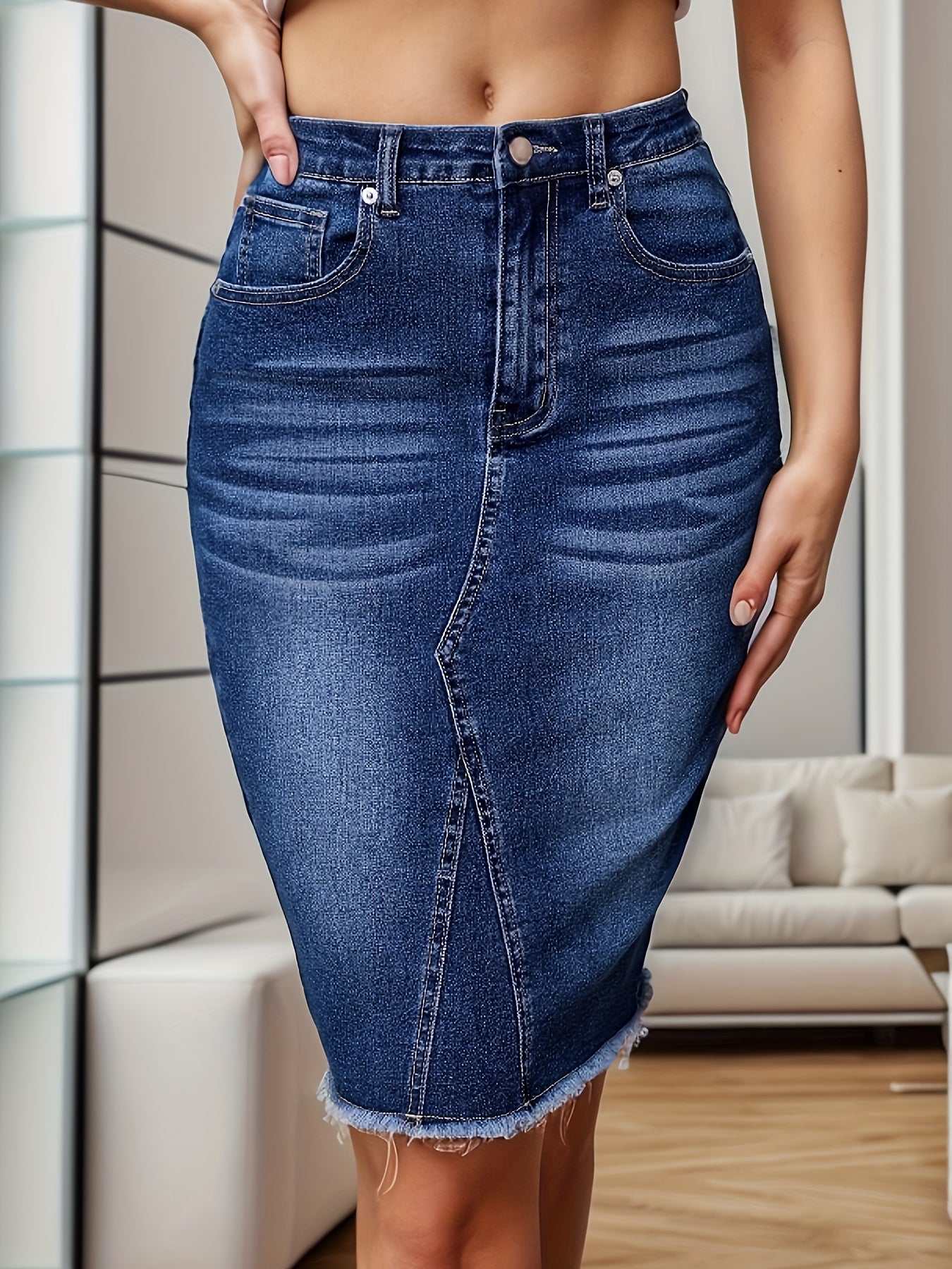 gbolsos  Frayed Hem Washed Denim Skirt, Slant Pockets Whiskering Split Denim Skirt, Women's Denim Clothing