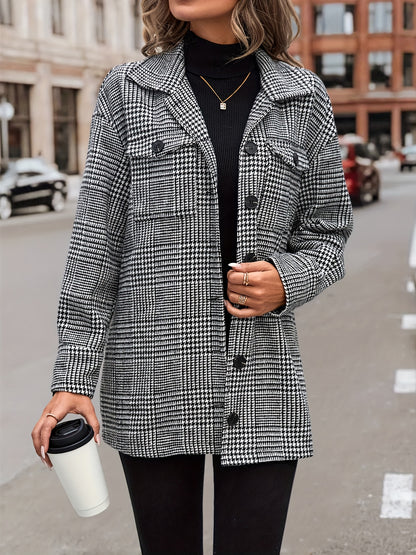 gbolsos  Houndstooth Flap Pockets Jacket, Casual Long Sleeve Single Breasted Jacket, Women's Clothing