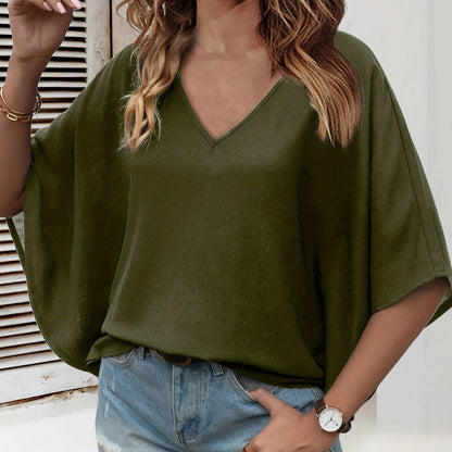 Batwing Sleeve V Neck Blouse, Loose Casual Top For Fall & Spring, Women's Clothing