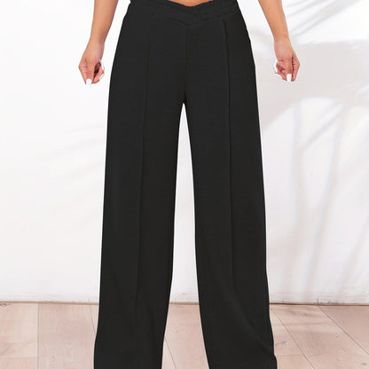Solid Straight Leg Pants, Casual Asymmetrical Elastic Waist Pants For Spring & Fall, Women's Clothing