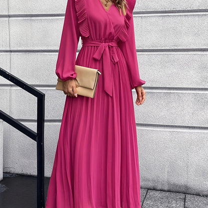Ruffle Trim Pleated Dress, Casual V Neck Long Sleeve Solid Dress, Women's Clothing