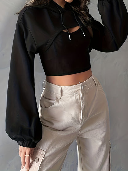 Solid Crop Drawstring Hoodie, Casual Dipped Hem Long Sleeve Fashion Sweatshirt, Women's Clothing