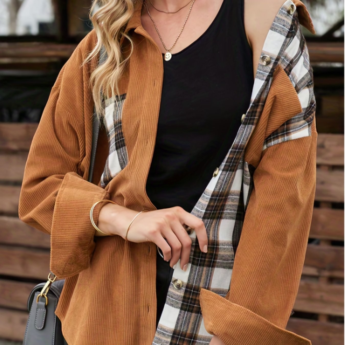 gbolsos  Plaid Print Splicing Jacket, Vintage Button Front Long Sleeve Outerwear, Women's Clothing