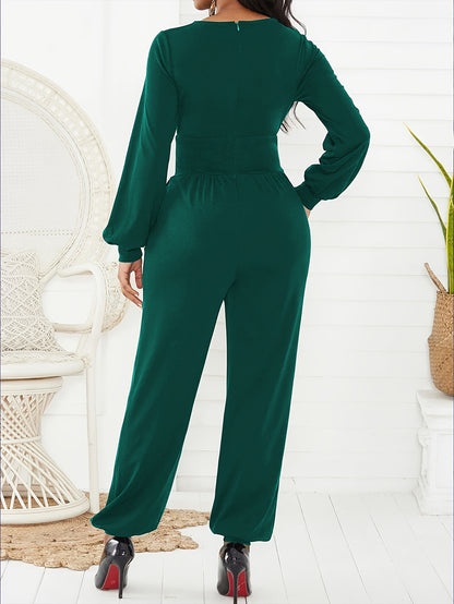 gbolsos  Solid V-neck Lantern Jumpsuit, Elegant Long Sleeve Jumpsuit For Spring & Fall, Women's Clothing