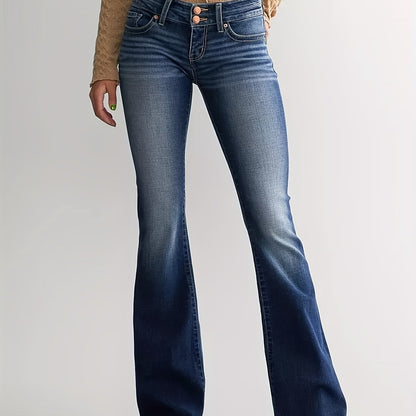 gbolsos Double Button Whiskering Flare Leg Jeans, Mid Waist Retro Faded Watter Tipple Embossed Denim Pants, Women's Denim Jeans & Clothing