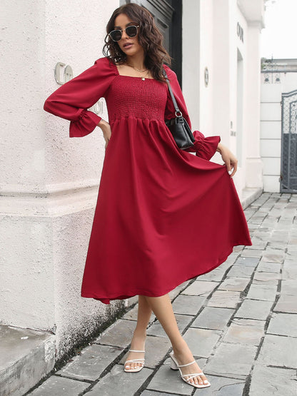 Women's Dresses Flared Sleeve T-Neck Long Sleeve Pleated Dresses