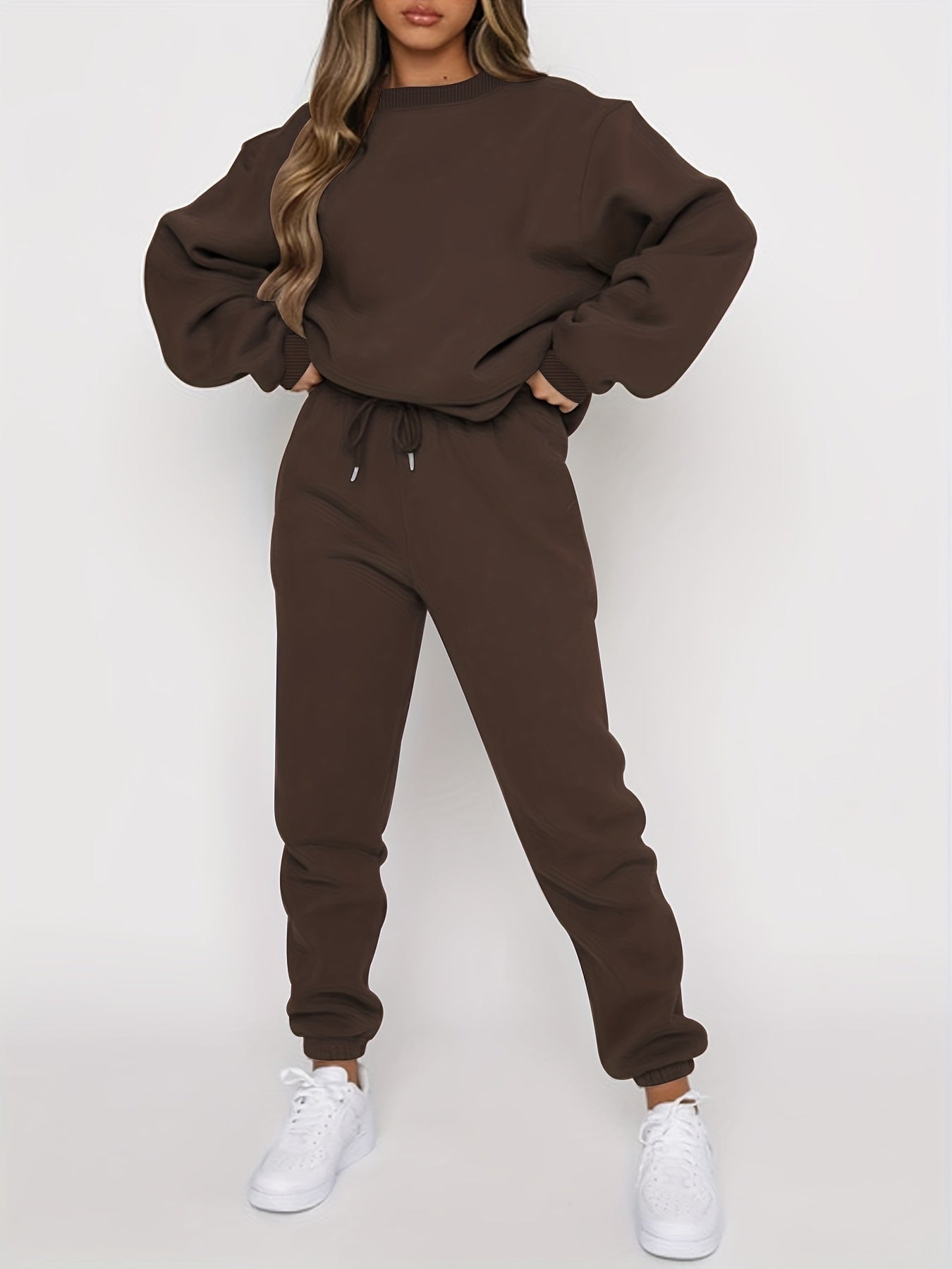 gbolsos  Solid Casual Two-piece Set, Crew Neck Long Sleeve Tops & Drawstring Jogger Pants Oufits, Women's Clothing