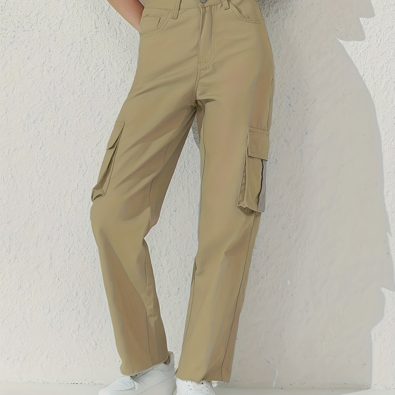 gbolsos  Plain Flap Pockets Cargo Pants, Loose Fit Non-Stretch Y2K & Kpop Style Straight Jeans, Women's Denim Jeans & Clothing