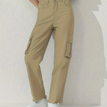 gbolsos  Plain Flap Pockets Cargo Pants, Loose Fit Non-Stretch Y2K & Kpop Style Straight Jeans, Women's Denim Jeans & Clothing