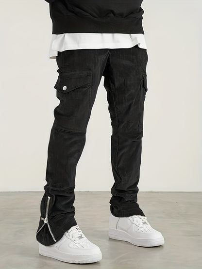 gbolsos  Trendy Zipper Slit Bottom Cargo Pants, Men's Solid Multi Flap Pocket Trousers, Casual Outdoor Pants, Men's Work Pants Outdoors Streetwear Hiphop Style