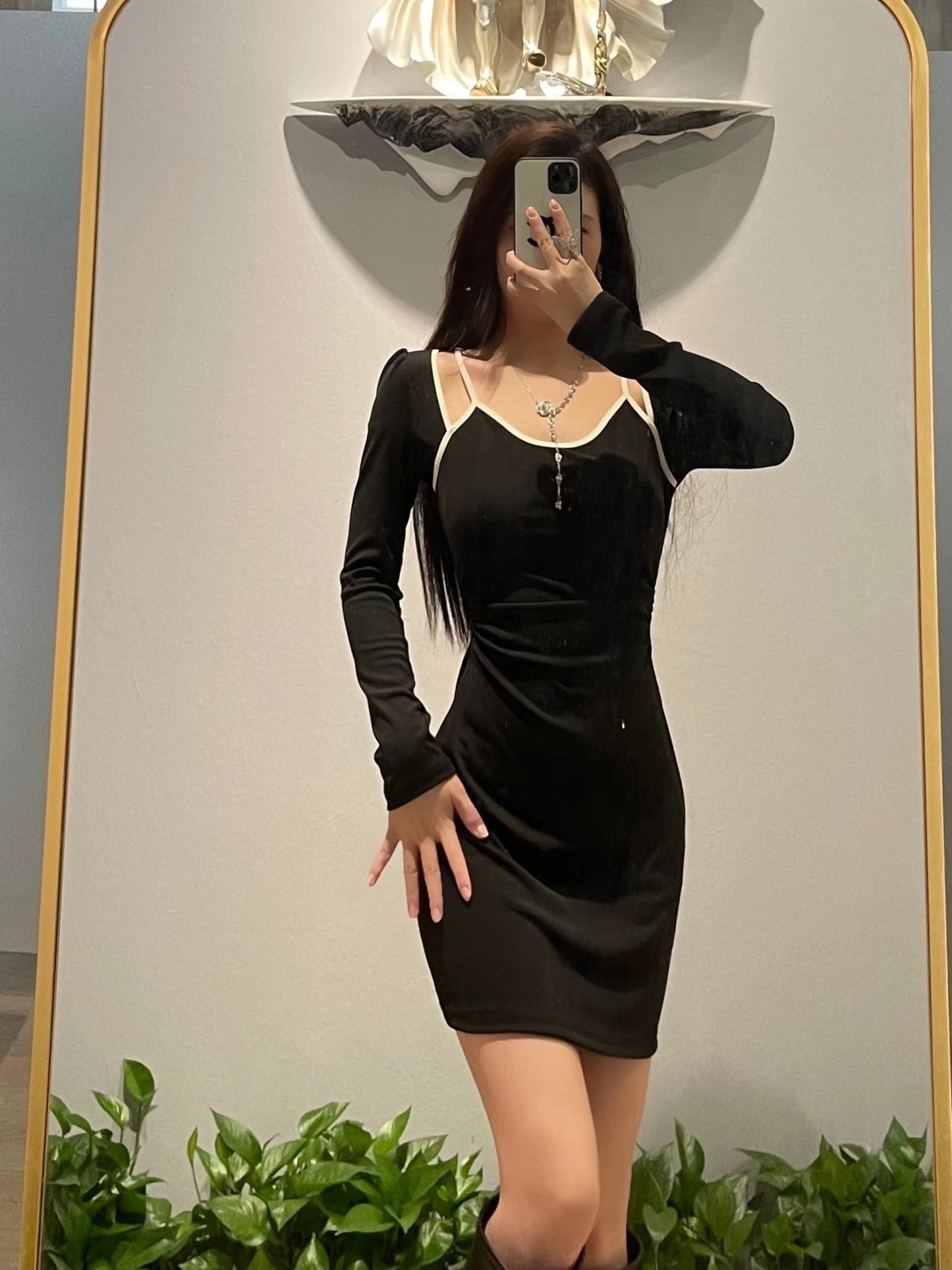 gbolsos  Contrast Trim Long Sleeve Strap Dress, Elegant Slim Mini Dress, Women's Clothing