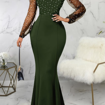 gbolsos  Solid Sheer Sleeve Dress, Elegant Crew Neck Mermaid Bodycon Maxi Party Dress, Women's Clothing