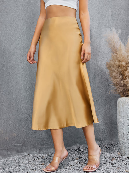 Satin Mid Length Skirts, Elegant Solid High Waist Party Skirts, Women's Clothing