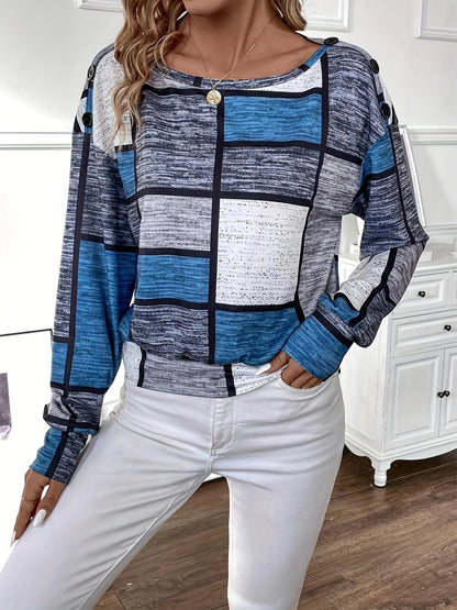 gbolsos  Color Block Crew Neck T-Shirt, Casual Long Sleeve Top For Spring & Fall, Women's Clothing