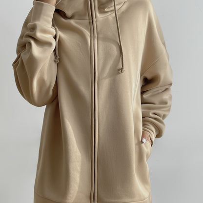 gbolsosSolid Color Casual Sports Hooded Zipper Sweatshirs, Long Sleeve Drawstring Hoodie, Women's Sporty Sweatshirts
