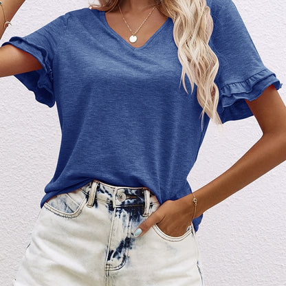 2025 gbolsos  Ruffle Hem V Neck T-Shirt, Casual Short Sleeve T-Shirt For Spring & Summer, Women's Clothing