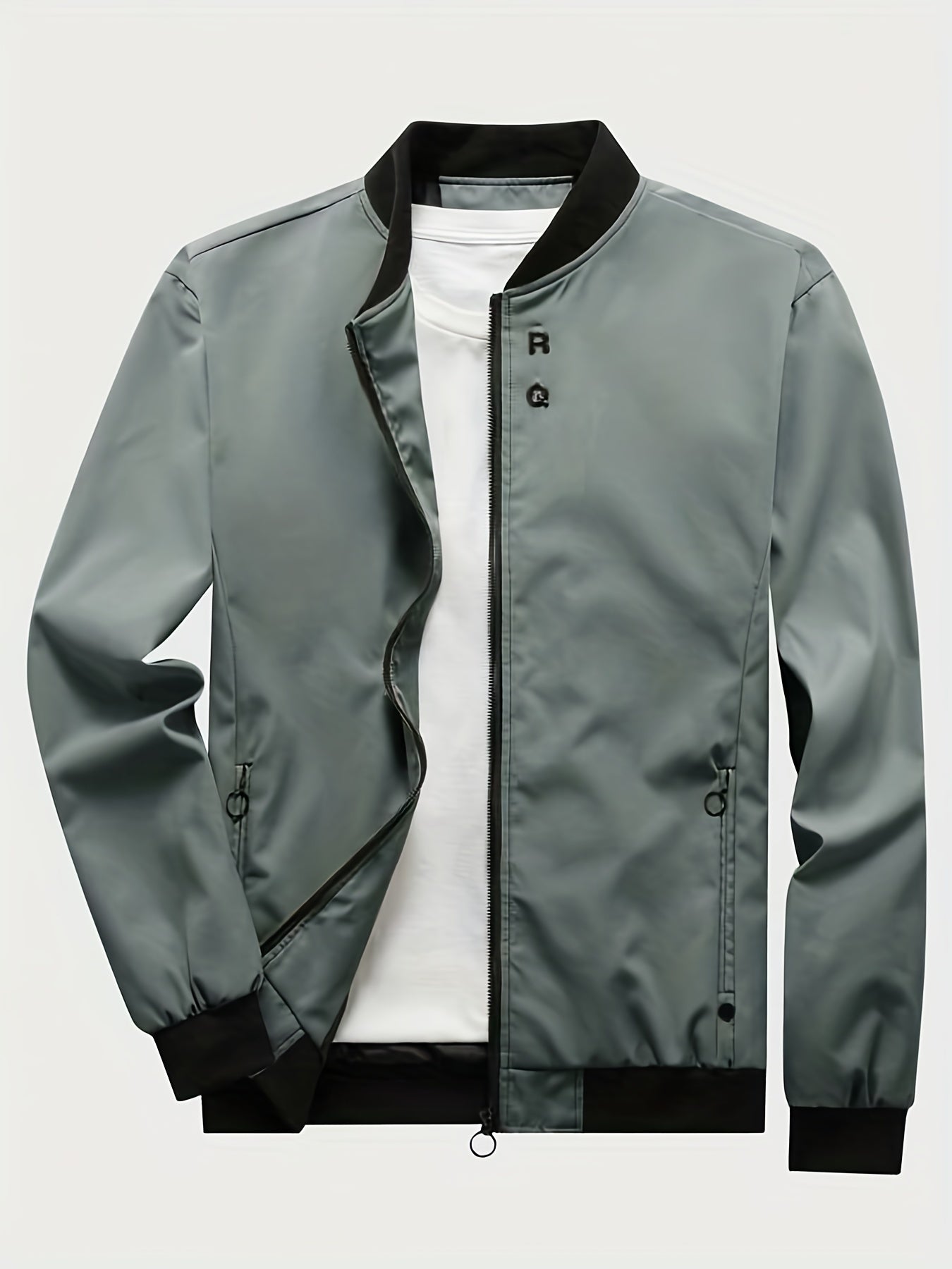 gbolsos  Classic Design Jacket, Men's Casual Zipper Pockets Crew Neck Zip Up Jacket For Spring Fall
