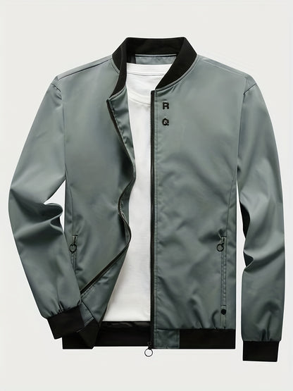 gbolsos  Classic Design Jacket, Men's Casual Zipper Pockets Crew Neck Zip Up Jacket For Spring Fall