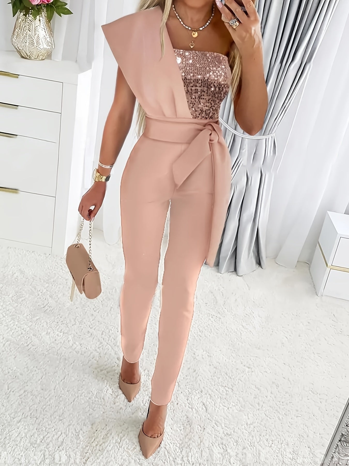 gbolsos  Sequin One Shoulder Jumpsuit, Party Solid Tie Waist Long Length Slim Jumpsuit, Women's Clothing