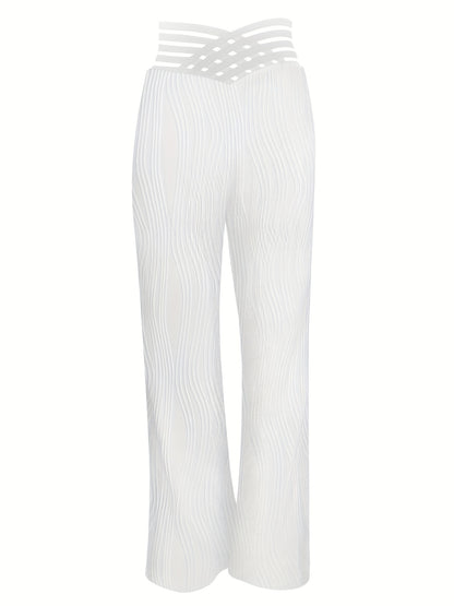 gbolsos  Solid Color Cut Out Textured Pants, Casual High Waist Loose Pants, Women's Clothing