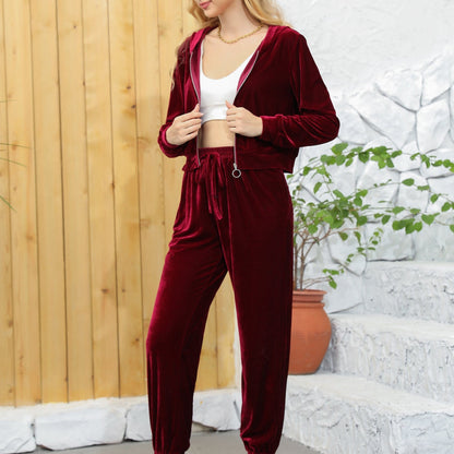 gbolsos  Solid Casual Two-piece Set, Zip Up Long Sleeve Hooded Tops & Drawstring Pants Outfits, Women's Clothing