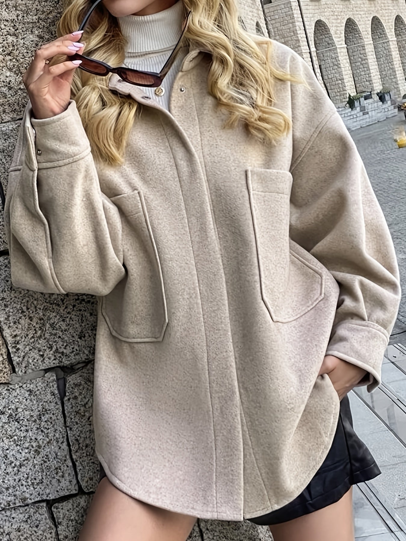 gbolsos  Button Front Drop Shoulder Jacket, Casual Solid Long Sleeve Outerwear, Women's Clothing