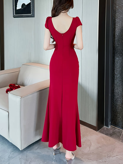 gbolsos Solid Split Thigh Mermaid Dress, Elegant Short Sleeve Sweetheart Neck Dress, Women's Clothing