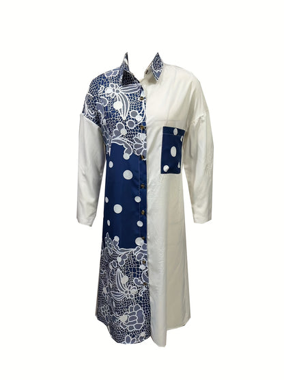Graphic Print Splicing Dress, Casual Button Front Long Sleeve Dress, Women's Clothing