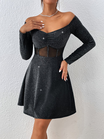 gbolsos  Off Shoulder Mesh Contrast Dress, Elegant Long Sleeve Dress For Party & Banquet, Women's Clothing