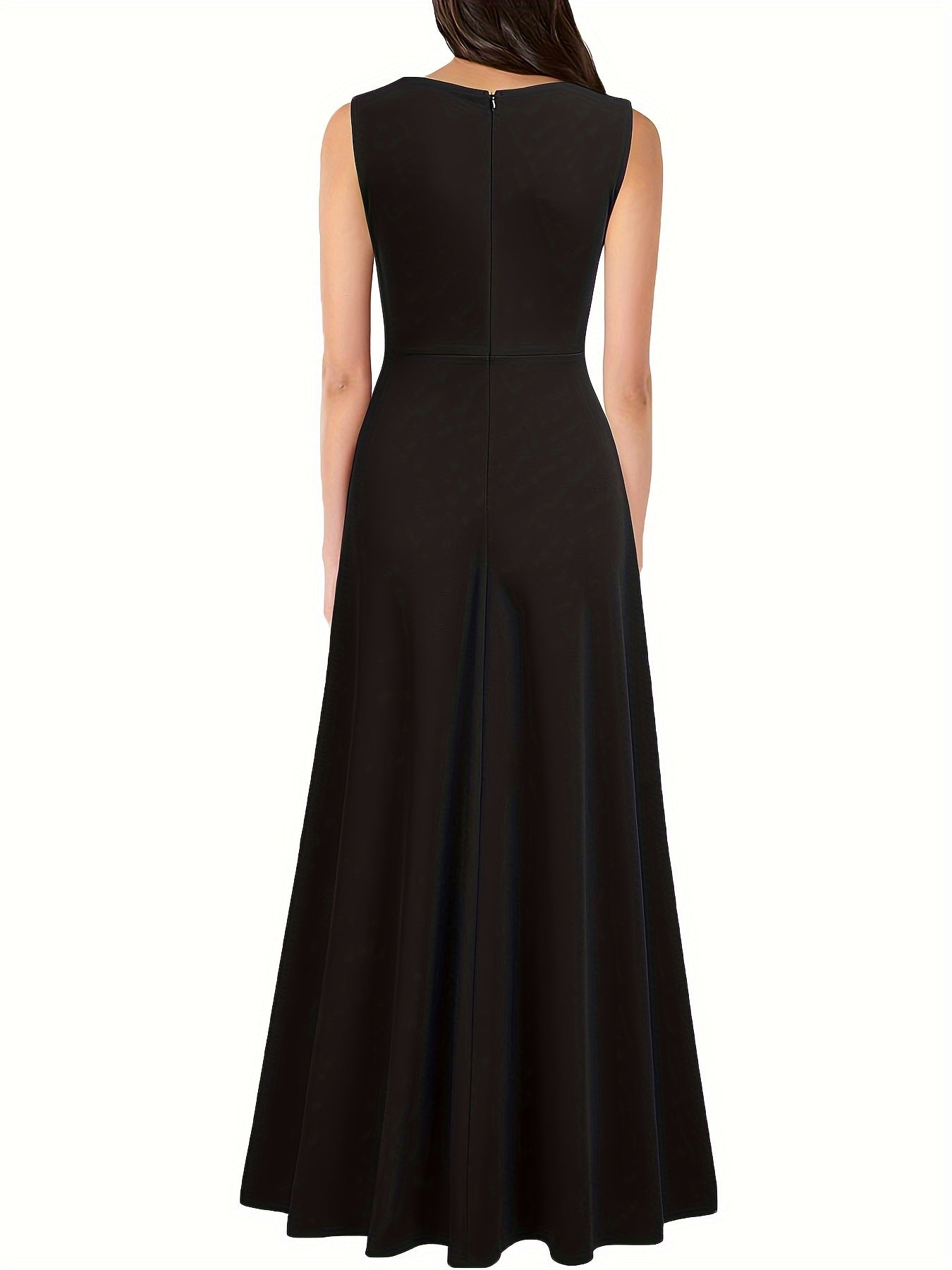 gbolsos  Solid Sleeveless Split Hem Tank Dress, Elegant V Neck Cinched Waist A-line Dress, Women's Clothing