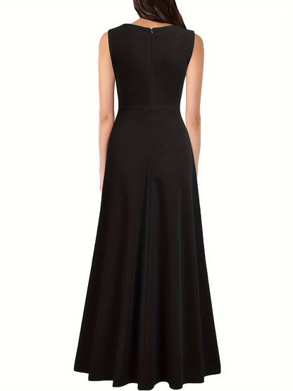 gbolsos  Solid Sleeveless Split Hem Tank Dress, Elegant V Neck Cinched Waist A-line Dress, Women's Clothing