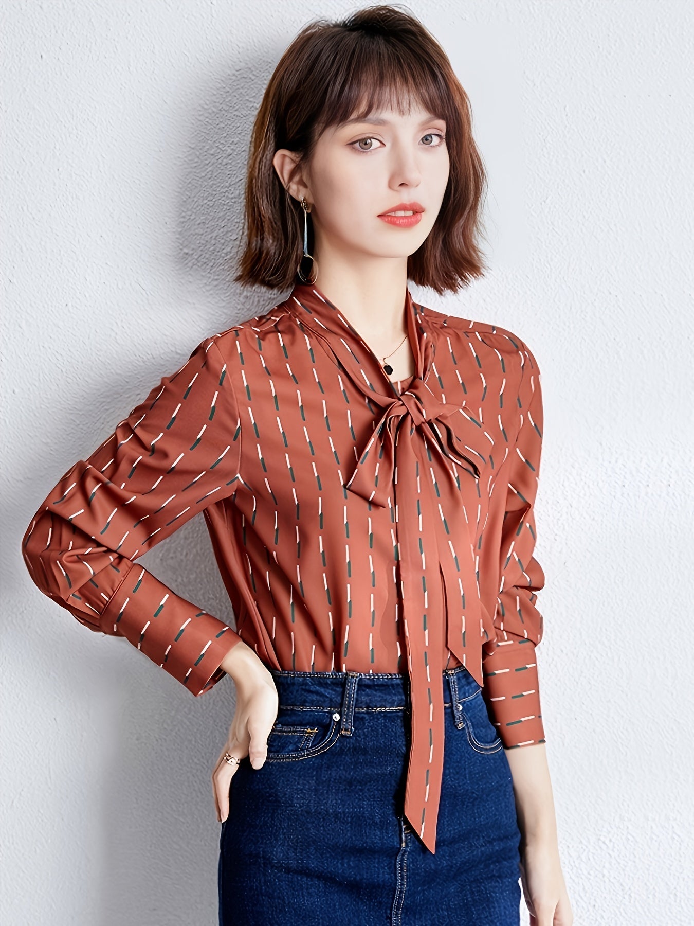 gbolsos  Bow Tie Striped Blouse, Elegant Long Sleeve Stand Collar Blouse, Women's Clothing