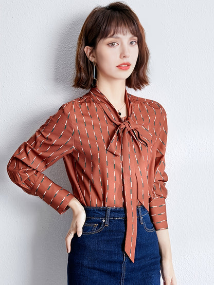 gbolsos  Bow Tie Striped Blouse, Elegant Long Sleeve Stand Collar Blouse, Women's Clothing