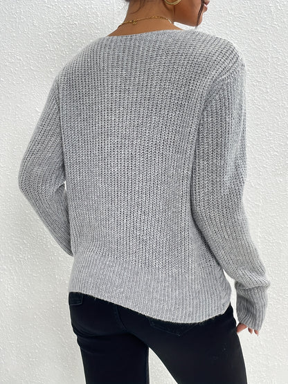 Twist Front V Neck Sweater, Casual Long Sleeve Sweater For Fall & Winter, Women's Clothing