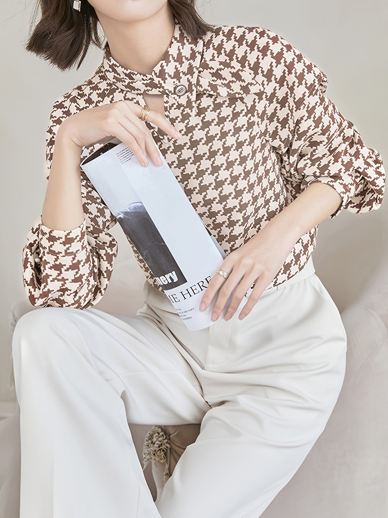 gbolsos  Houndstooth Print Shirt, Elegant Stand Collar Long Sleeve Shirt, Women's Clothing