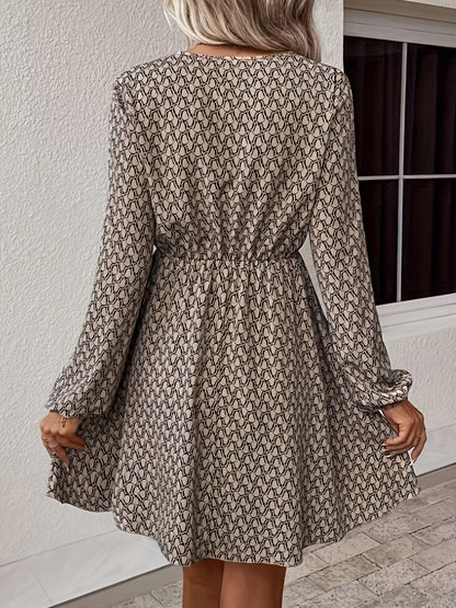 Allover Print Simple Dress, Casual V Neck Long Sleeve Dress, Women's Clothing