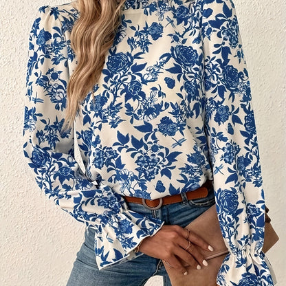 gbolsos  Floral Print Keyhole Blouse, Casual High Neck Ruffle Long Sleeve Blouse, Women's Clothing